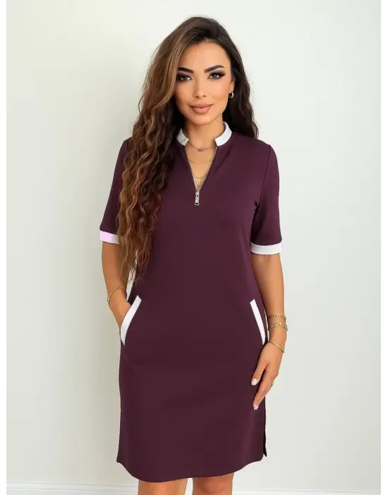 Kadın Kısa Kollu Yakadan Fermuarlı Cepli Yandan Yırtmaçlı Viskon Elbise