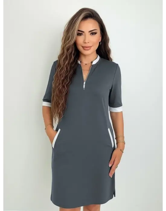 Kadın Kısa Kollu Yakadan Fermuarlı Cepli Yandan Yırtmaçlı Viskon Elbise