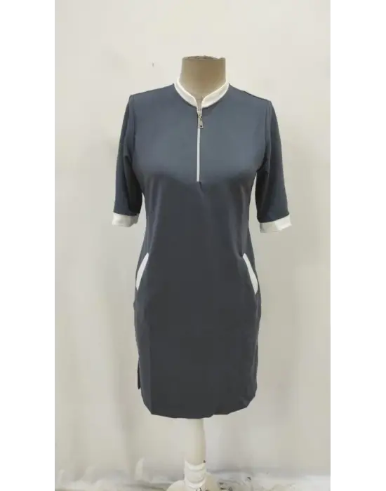 Kadın Kısa Kollu Yakadan Fermuarlı Cepli Yandan Yırtmaçlı Viskon Elbise