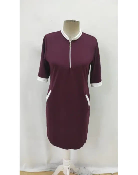 Kadın Kısa Kollu Yakadan Fermuarlı Cepli Yandan Yırtmaçlı Viskon Elbise