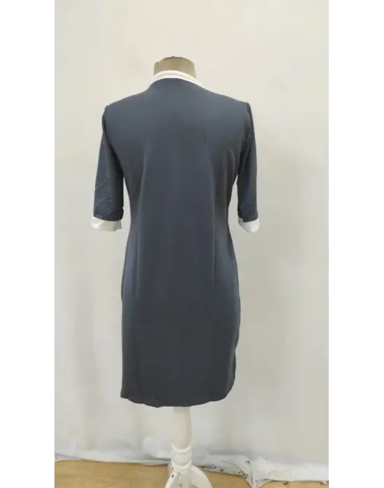 Kadın Kısa Kollu Yakadan Fermuarlı Cepli Yandan Yırtmaçlı Viskon Elbise