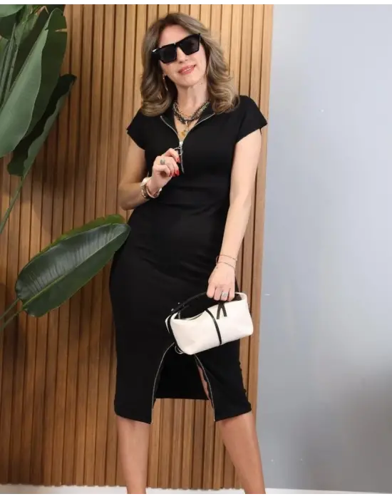 Kadın Kısa Kollu Yakadan Ve Eteği Fermuarlı Viskon Iki Iplik Midi Elbise