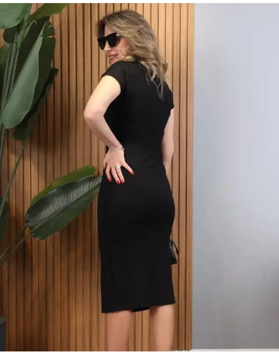 Kadın Kısa Kollu Yakadan Ve Eteği Fermuarlı Viskon Iki Iplik Midi Elbise