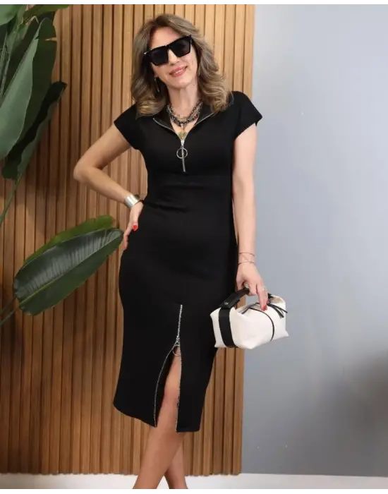 Kadın Kısa Kollu Yakadan Ve Eteği Fermuarlı Viskon Iki Iplik Midi Elbise
