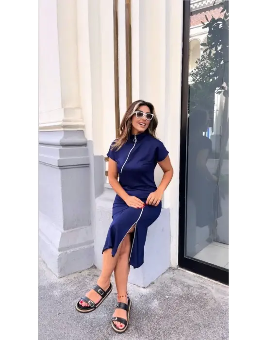 Omarı Fermuarlı Midi Viskon Elbise