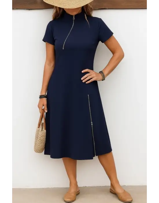 Omarı Rahat ve Şık Kadın Midi Fermuarlı Elbise
