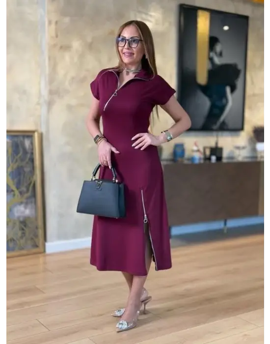 Omarı Şık Kadın Midi Fermuarlı Elbise