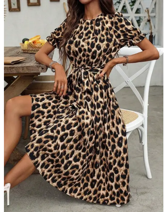 Kadın Kısa Kollu Yakalı Belden Kuşaklı Leopar Desenli Midi Süprem Elbise