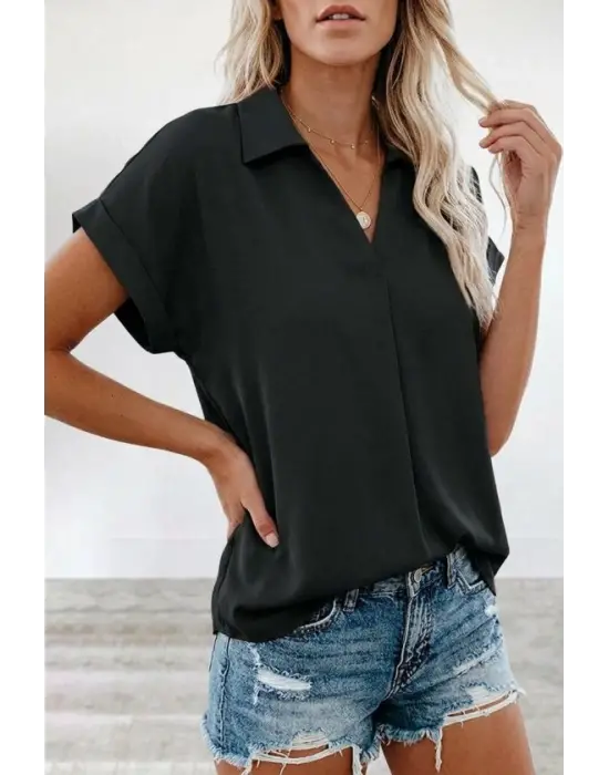 Kadın Kısa Kollu Yakalı Dokuma Viskon Bluz