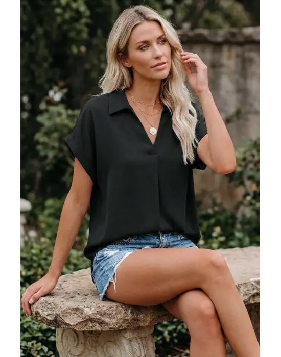 Kadın Kısa Kollu Yakalı Dokuma Viskon Bluz