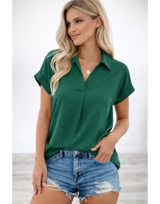 Kadın Kısa Kollu Yakalı Dokuma Viskon Bluz