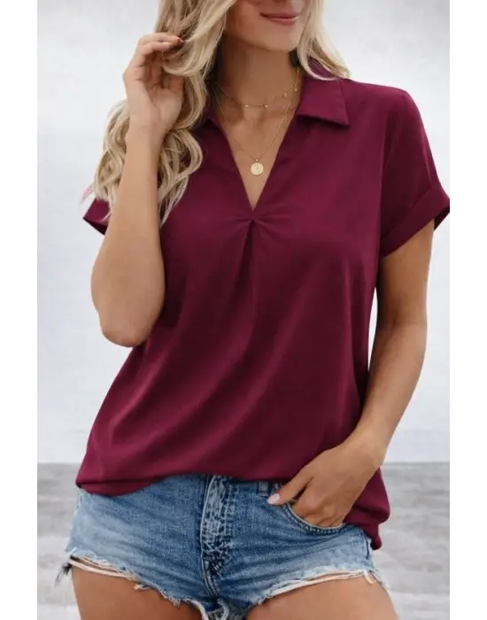 Kadın Kısa Kollu Yakalı Dokuma Viskon Bluz