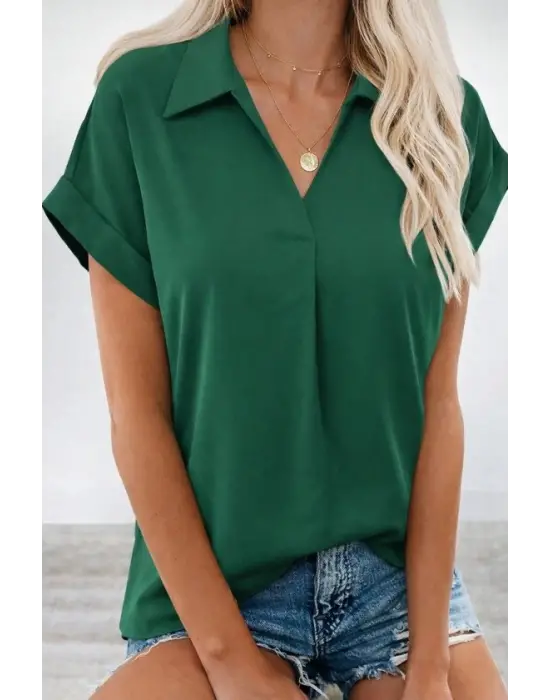 Kadın Kısa Kollu Yakalı Dokuma Viskon Bluz