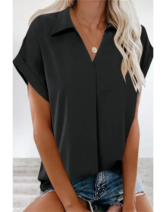 Kadın Kısa Kollu Yakalı Dokuma Viskon Bluz