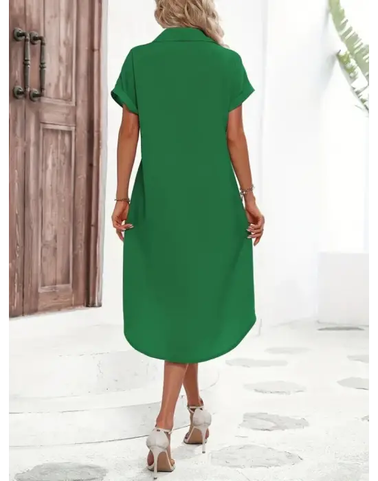 Kadın Kısa Kollu Yakalı Düğme Detay Midi Dokuma Elbise