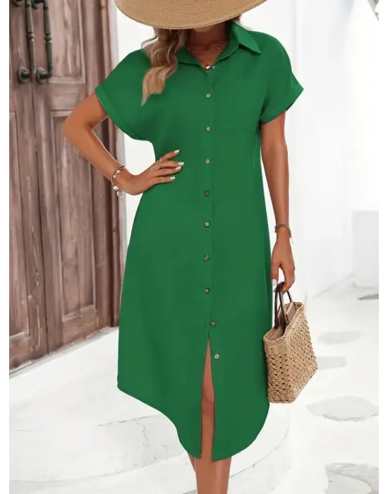 Kadın Kısa Kollu Yakalı Düğme Detay Midi Dokuma Elbise