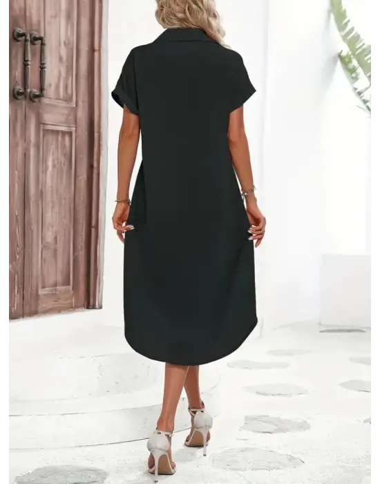 Kadın Kısa Kollu Yakalı Düğme Detay Midi Dokuma Elbise