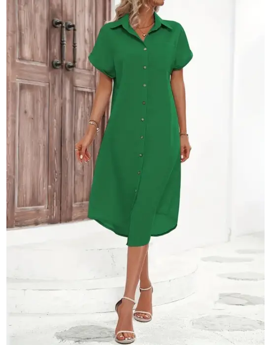 Kadın Kısa Kollu Yakalı Düğme Detay Midi Dokuma Elbise