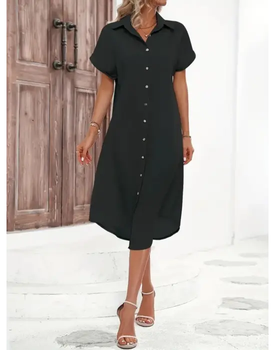 Kadın Kısa Kollu Yakalı Düğme Detay Midi Dokuma Elbise
