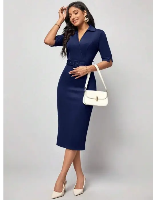 Kadın Kısa Kollu Yakalı Kruvaze Yakalı Beli Kemerli Midi Modal Elbise