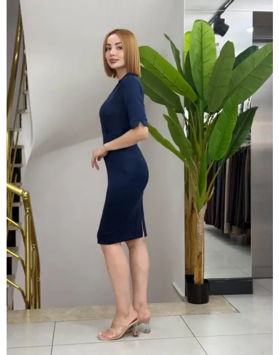 Kadın Kısa Kollu Yakalı Kruvaze Yakalı Beli Kemerli Midi Modal Elbise