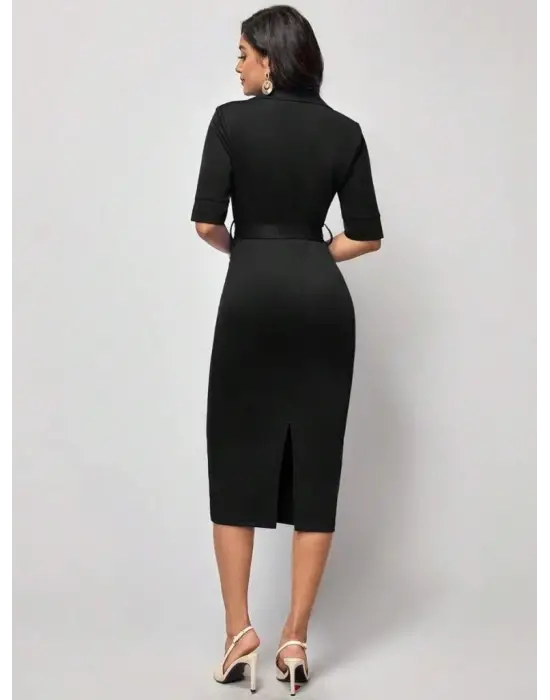 Kadın Kısa Kollu Yakalı Kruvaze Yakalı Beli Kemerli Midi Modal Elbise