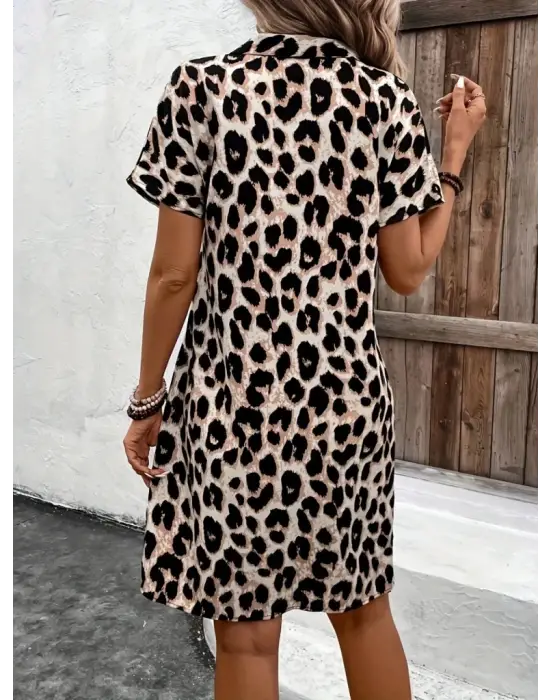 Omarı Leopar Desenli Kadın Kısa Kollu Elbise