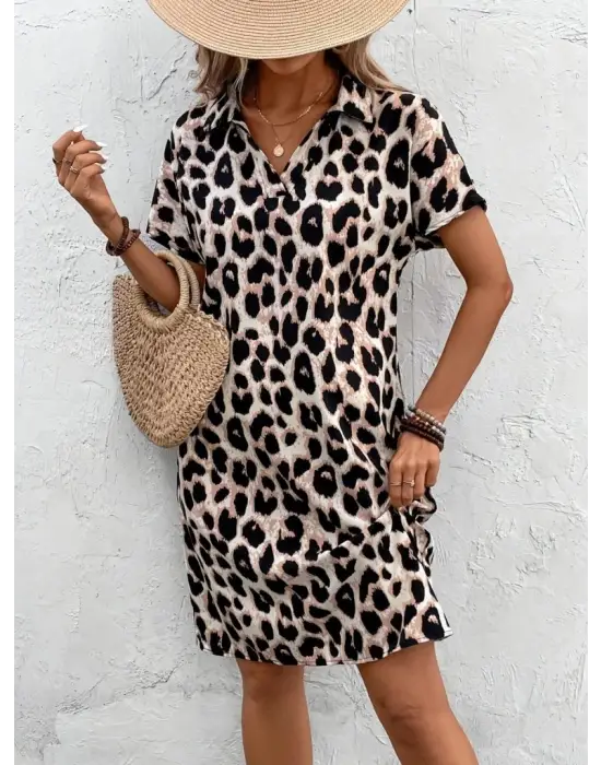 Omarı Leopar Desenli Kadın Kısa Kollu Elbise