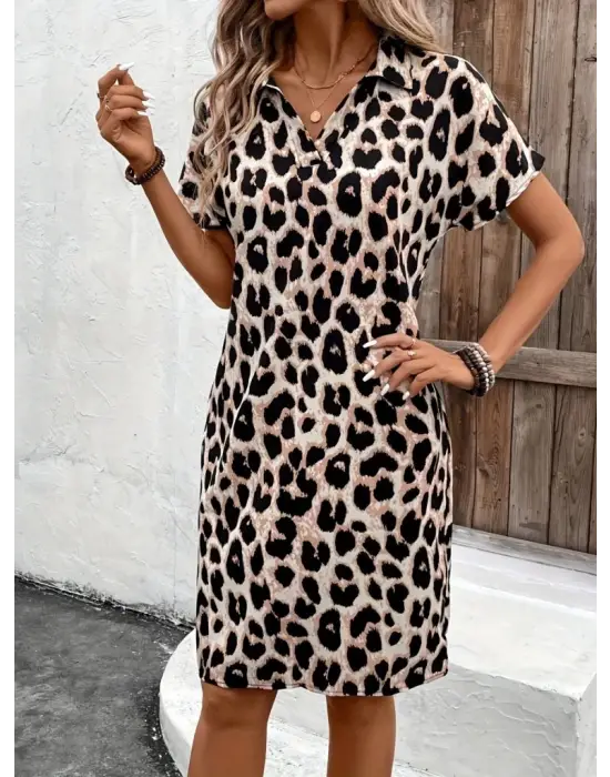 Omarı Leopar Desenli Kadın Kısa Kollu Elbise
