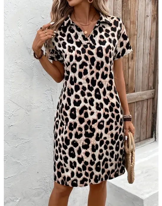 Omarı Leopar Desenli Kadın Kısa Kollu Elbise