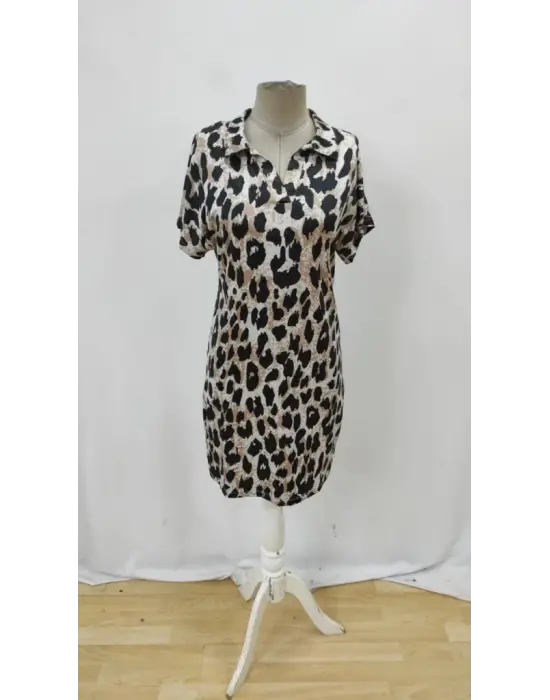 Omarı Leopar Desenli Kadın Kısa Kollu Elbise