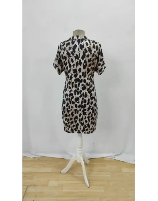 Omarı Leopar Desenli Kadın Kısa Kollu Elbise