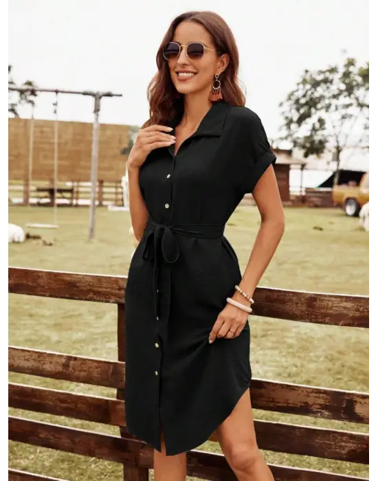 Kadın Kısa Kollu Yakalı önden Düğmeli Beli Kuşaklı Bürümcük Elbise