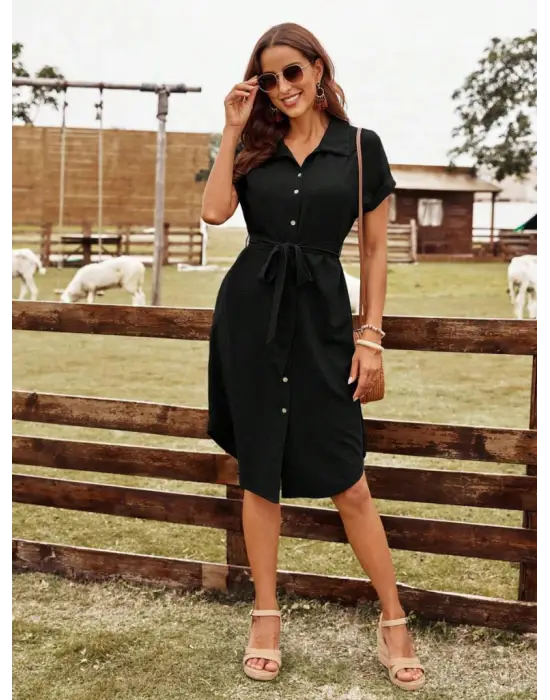 Kadın Kısa Kollu Yakalı önden Düğmeli Beli Kuşaklı Bürümcük Elbise
