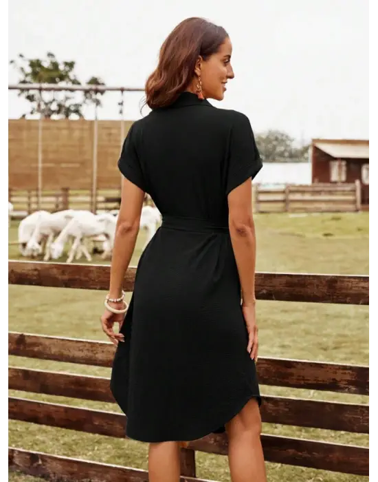 Kadın Kısa Kollu Yakalı önden Düğmeli Beli Kuşaklı Bürümcük Elbise