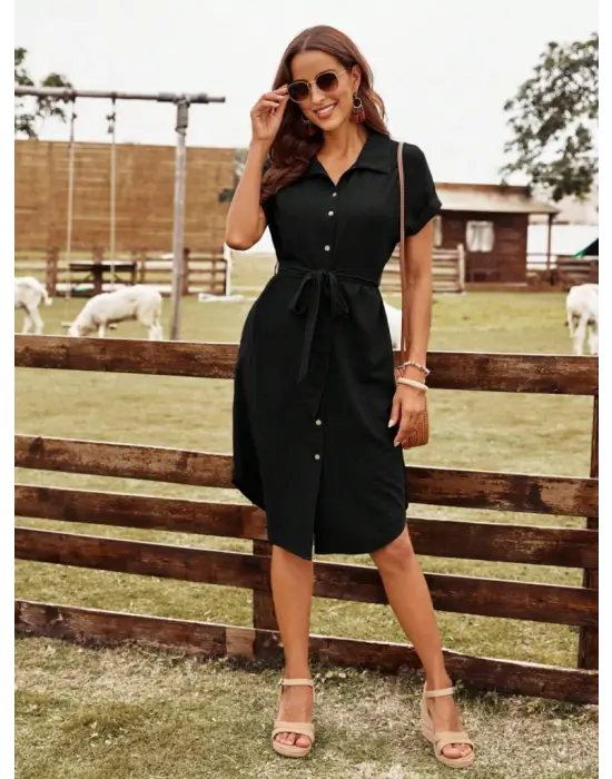 Kadın Kısa Kollu Yakalı önden Düğmeli Beli Kuşaklı Bürümcük Elbise