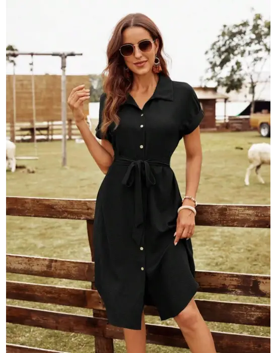 Kadın Kısa Kollu Yakalı önden Düğmeli Beli Kuşaklı Bürümcük Elbise