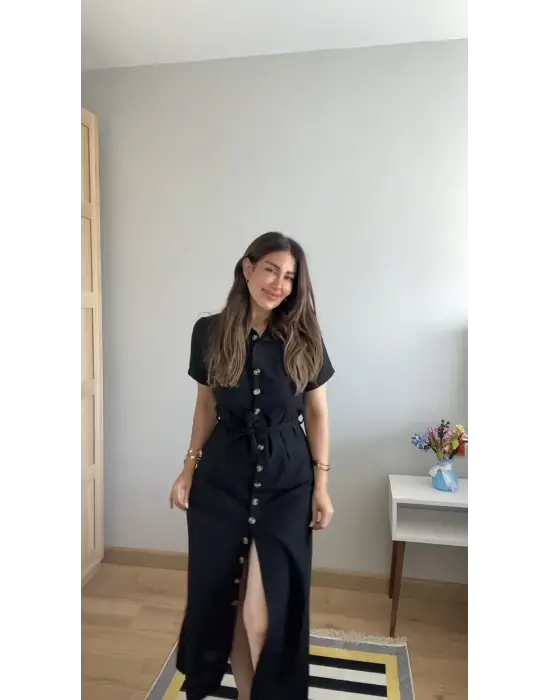Omarı Şık Keten Elbise - Kısa Kollu, Beli Kuşaklı ve Düğmeli