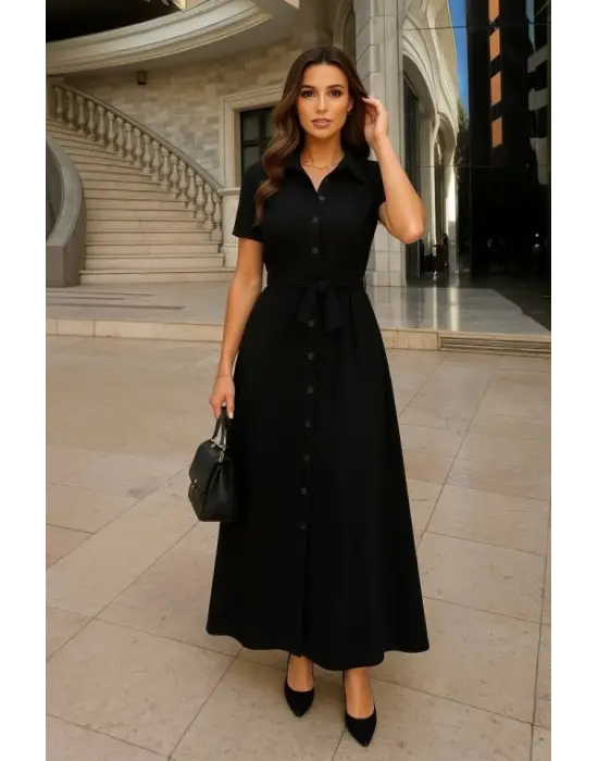 Kadın Kısa Kollu Yakalı önden Düğmeli Beli Kuşaklı Ithal Keten Elbise