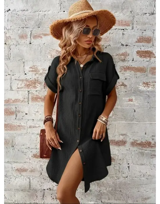 Kadın Kısa Kollu Yakalı önden Düğmeli Bürümcük Kısa Elbise