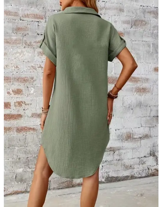 Kadın Kısa Kollu Yakalı önden Düğmeli Bürümcük Kısa Elbise