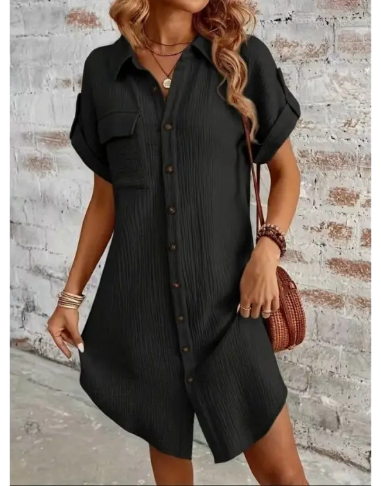 Kadın Kısa Kollu Yakalı önden Düğmeli Bürümcük Kısa Elbise