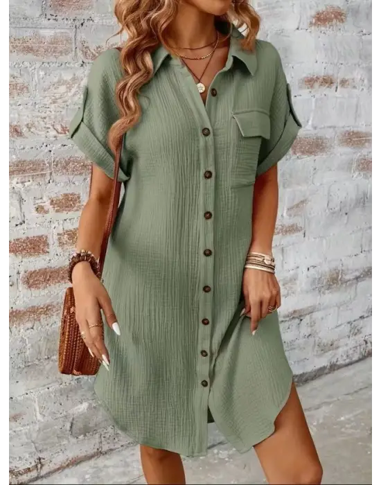 Kadın Kısa Kollu Yakalı önden Düğmeli Bürümcük Kısa Elbise