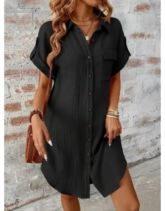 Kadın Kısa Kollu Yakalı önden Düğmeli Bürümcük Kısa Elbise