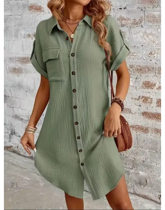 Kadın Kısa Kollu Yakalı önden Düğmeli Bürümcük Kısa Elbise