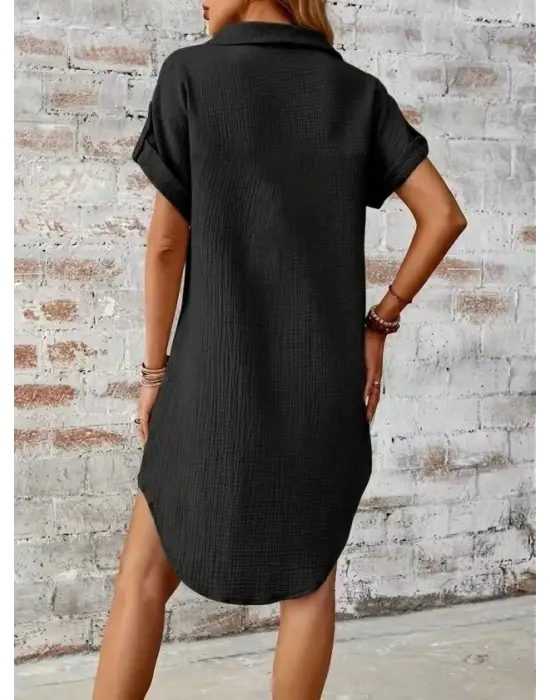 Kadın Kısa Kollu Yakalı önden Düğmeli Bürümcük Kısa Elbise