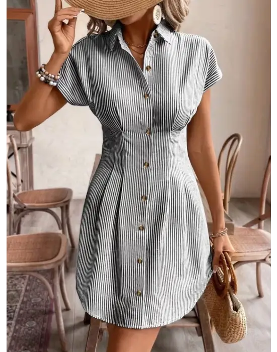 Kadın Kısa Kollu Yakalı önden Düğmeli Kısa Trikoton Elbise