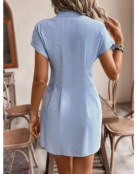 Kadın Kısa Kollu Yakalı önden Düğmeli Kısa Trikoton Elbise