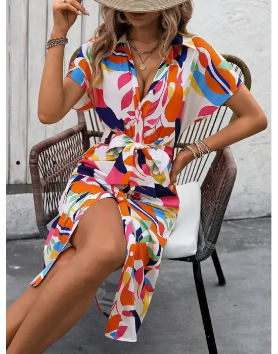 Kadın Kısa Kollu Yakalı önü Düğmeli önden Drapeli Desenli Süprem Elbise