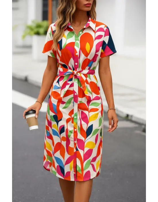 Kadın Kısa Kollu Yakalı önü Düğmeli önden Drapeli Desenli Süprem Elbise